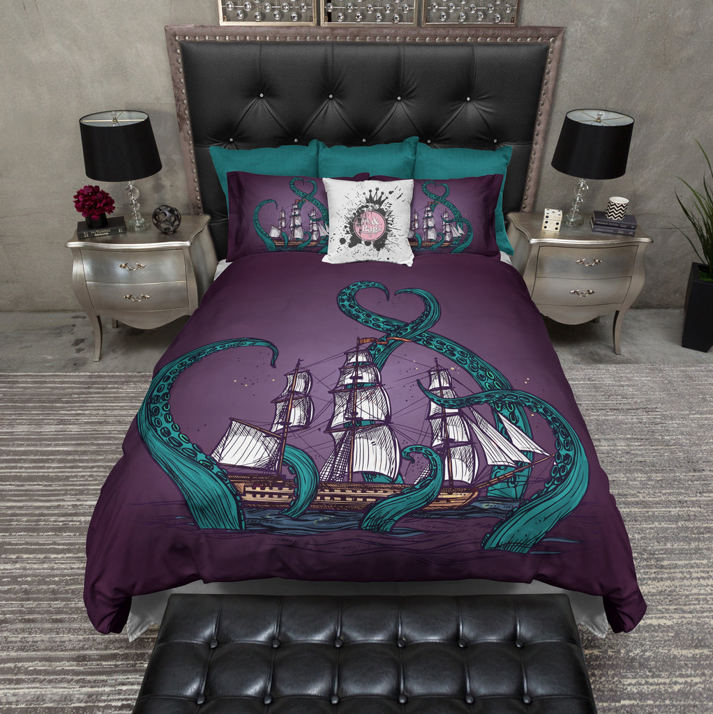 Teal Tentacle Purple Octopus Kraken Ship Bedding Collection