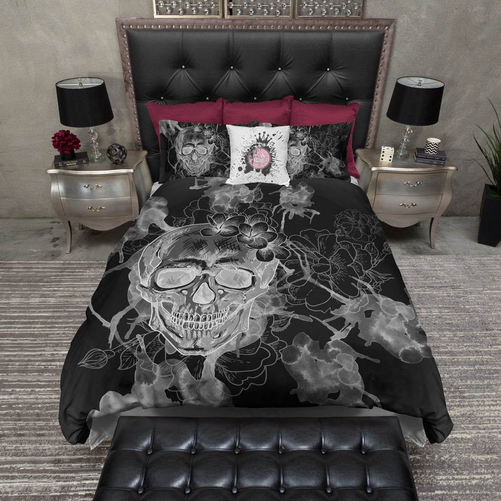 White on Black Watercolor Skull Bedding Collection