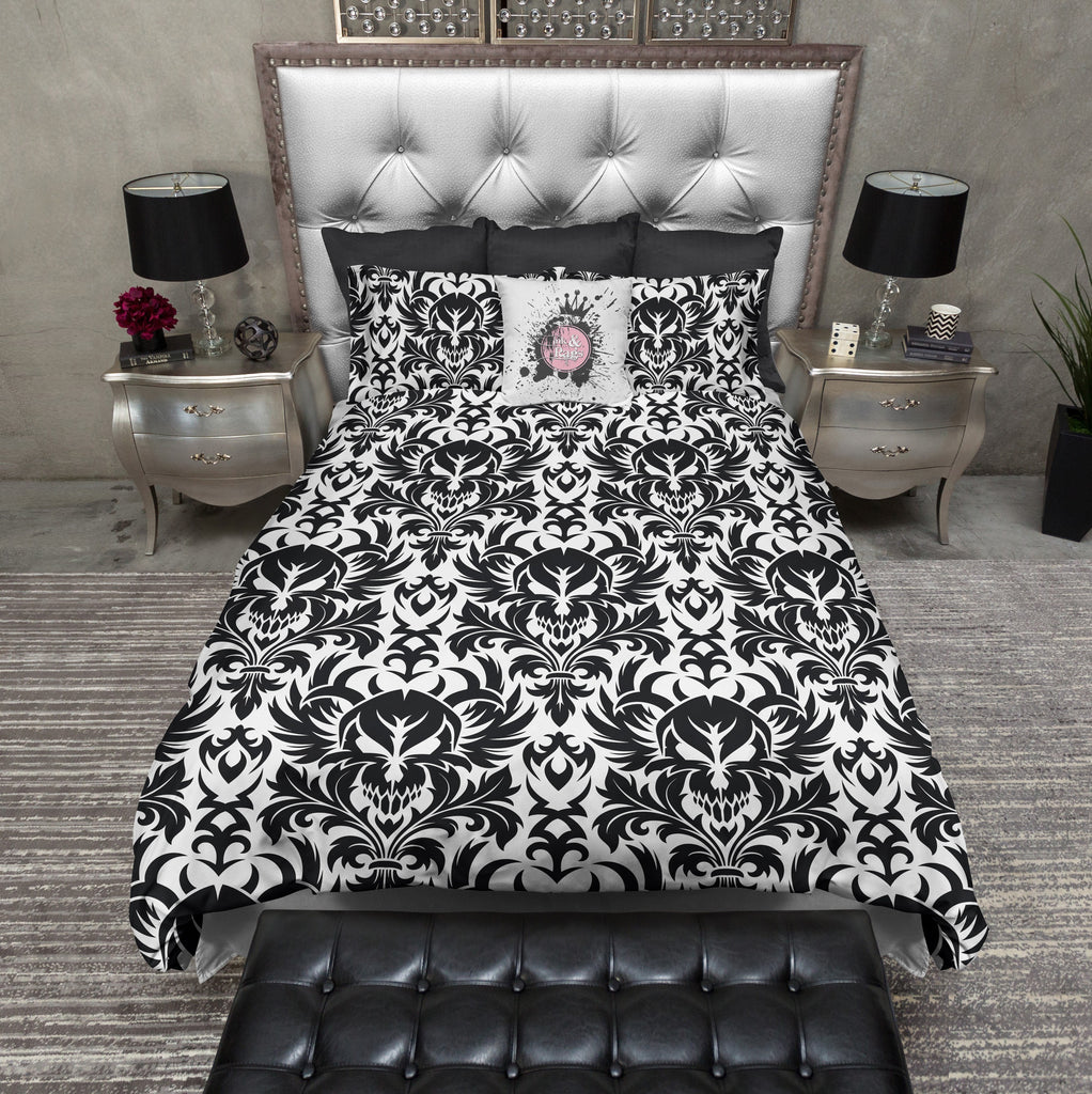 Black and White Damask Skull Bedding Collection