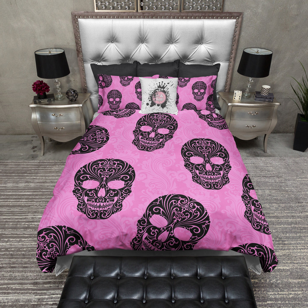 Hot Pink and Black Sugar Skull Bedding Collection
