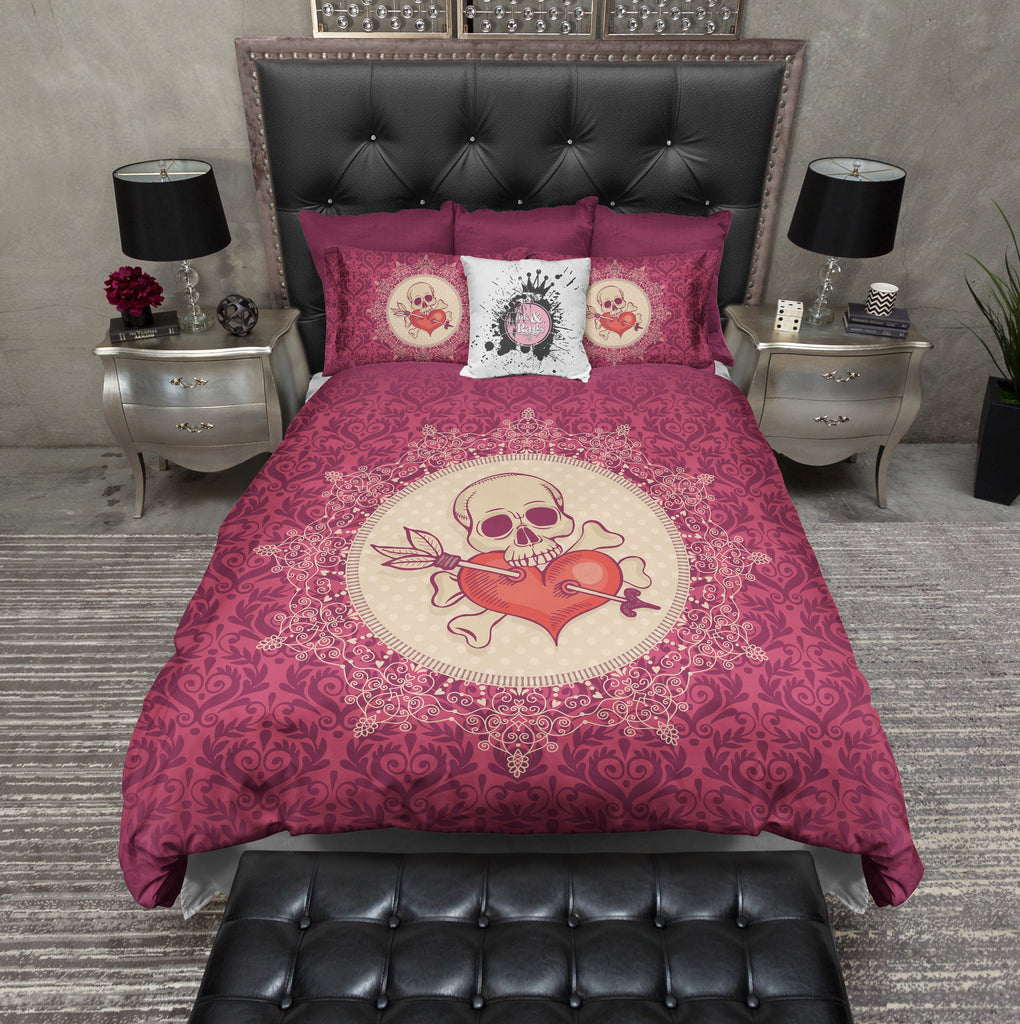Red Damask and Lace Medallion Heart Skull Bedding Collection