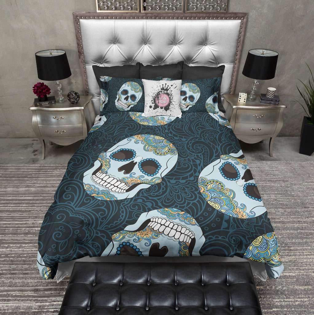 Blue and Gold Sugar Skull Bedding Collection