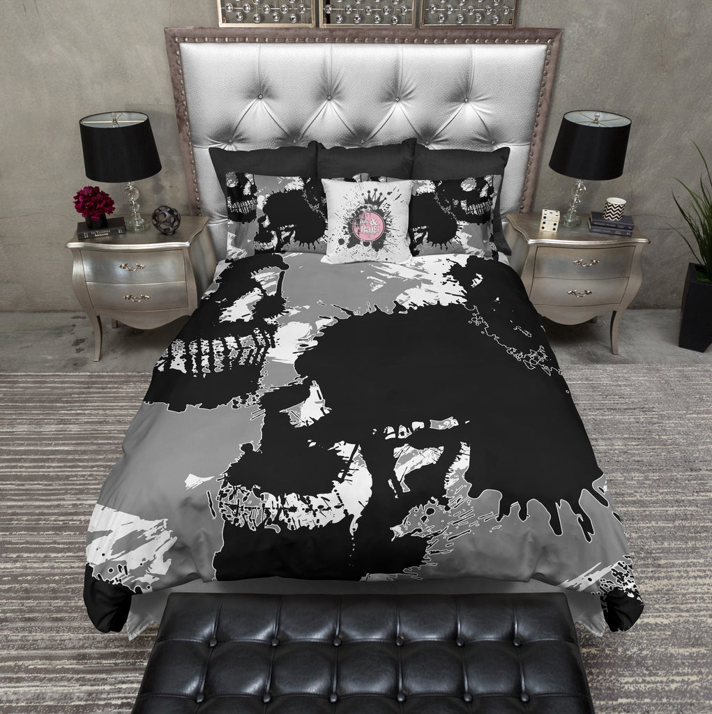 Grey White and Black Ink Spill Skull Bedding Collection