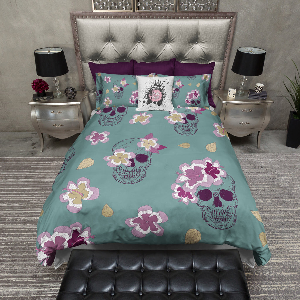 Teal and Purple Flower Skull Bedding Collection