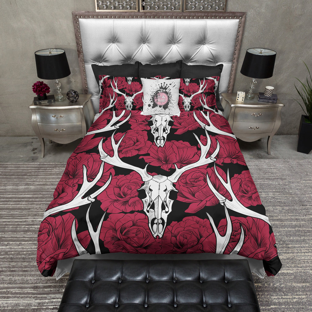Deer Skull with Red Roses on Black Bedding Collection