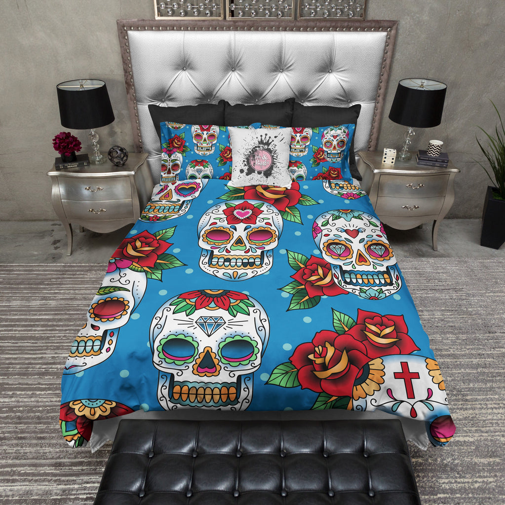 Blue Day of the Dead Sugar Skull Red Rose Bedding Collection