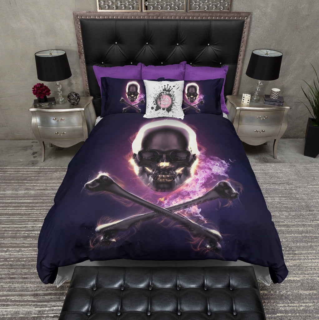 Flaming Purple Skull and Crossbones Bedding Collection