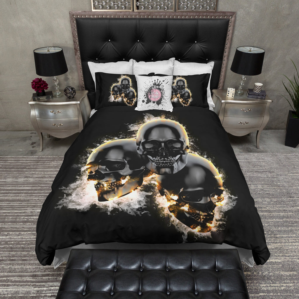 Flaming Black Triple Skulls Bedding Collection
