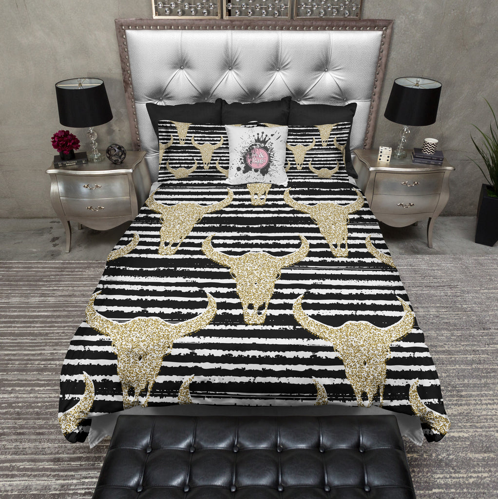 Faux Glitter Cow Skull and Stripe Bedding Collection