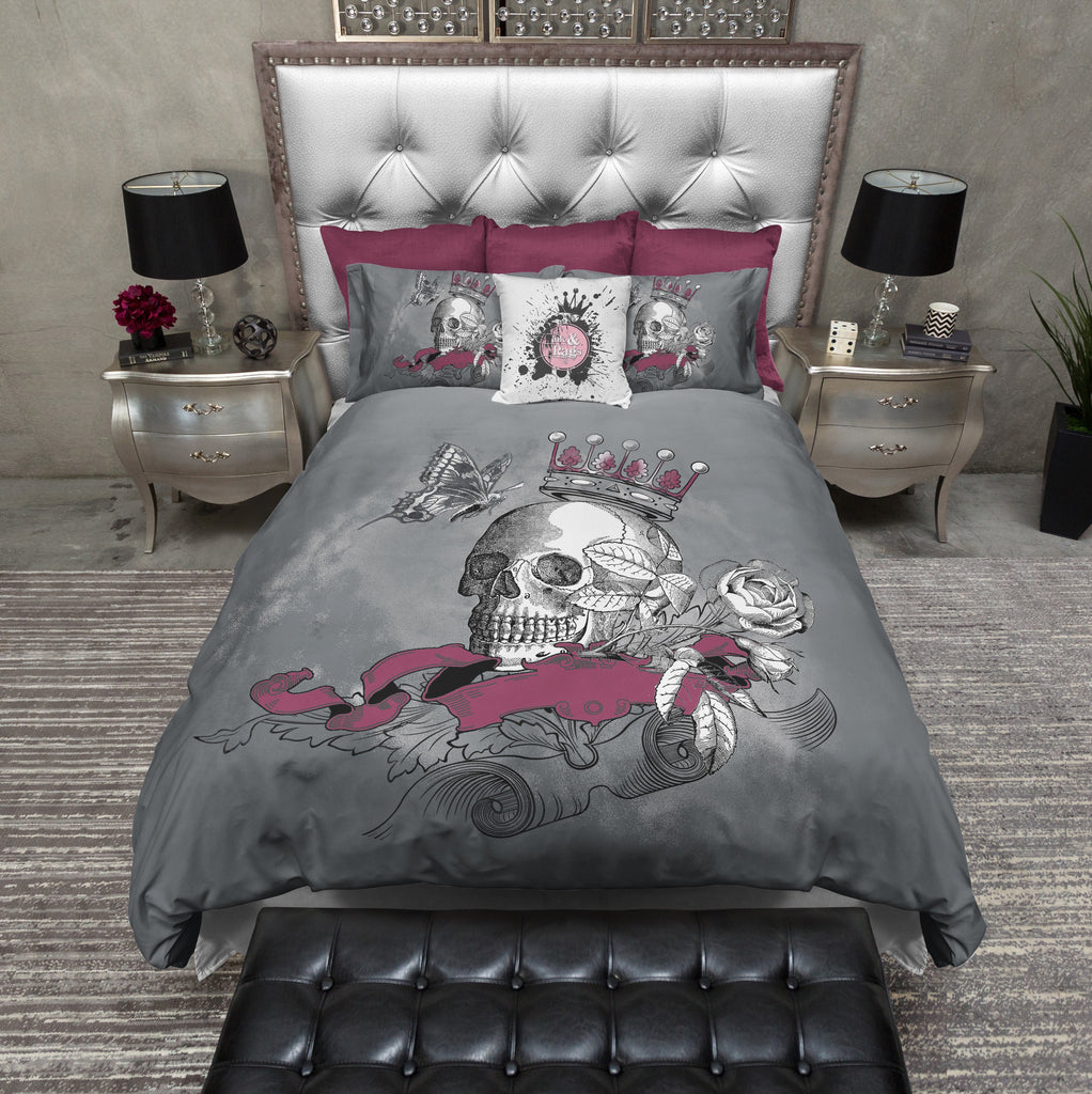 Burgundy and Grey Skull Bedding Collection