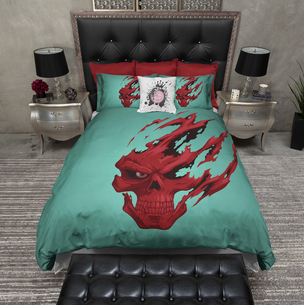 Red Devil Teal and Red Skull Bedding Collection