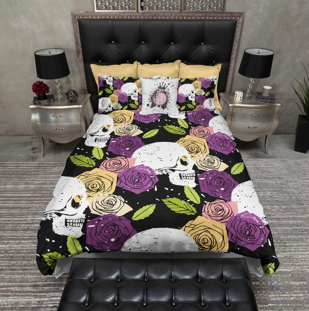 Splatter Paint Jewel Tone Rose and Skull Bedding Collection