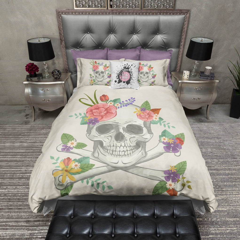 Whimsy Floral Skull and Crossbone CREAM Bedding Collection