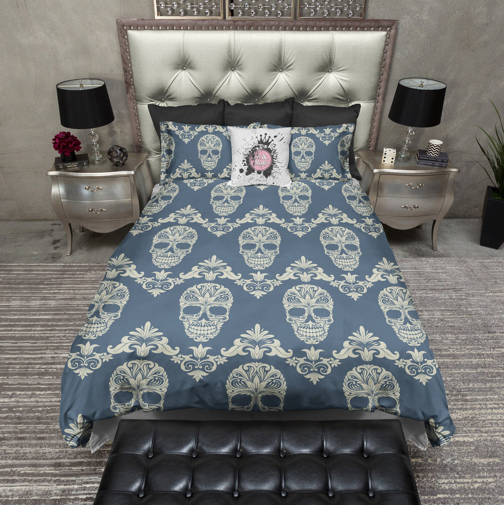 Blue and Cream Sugar Skull CREAM Bedding Collection
