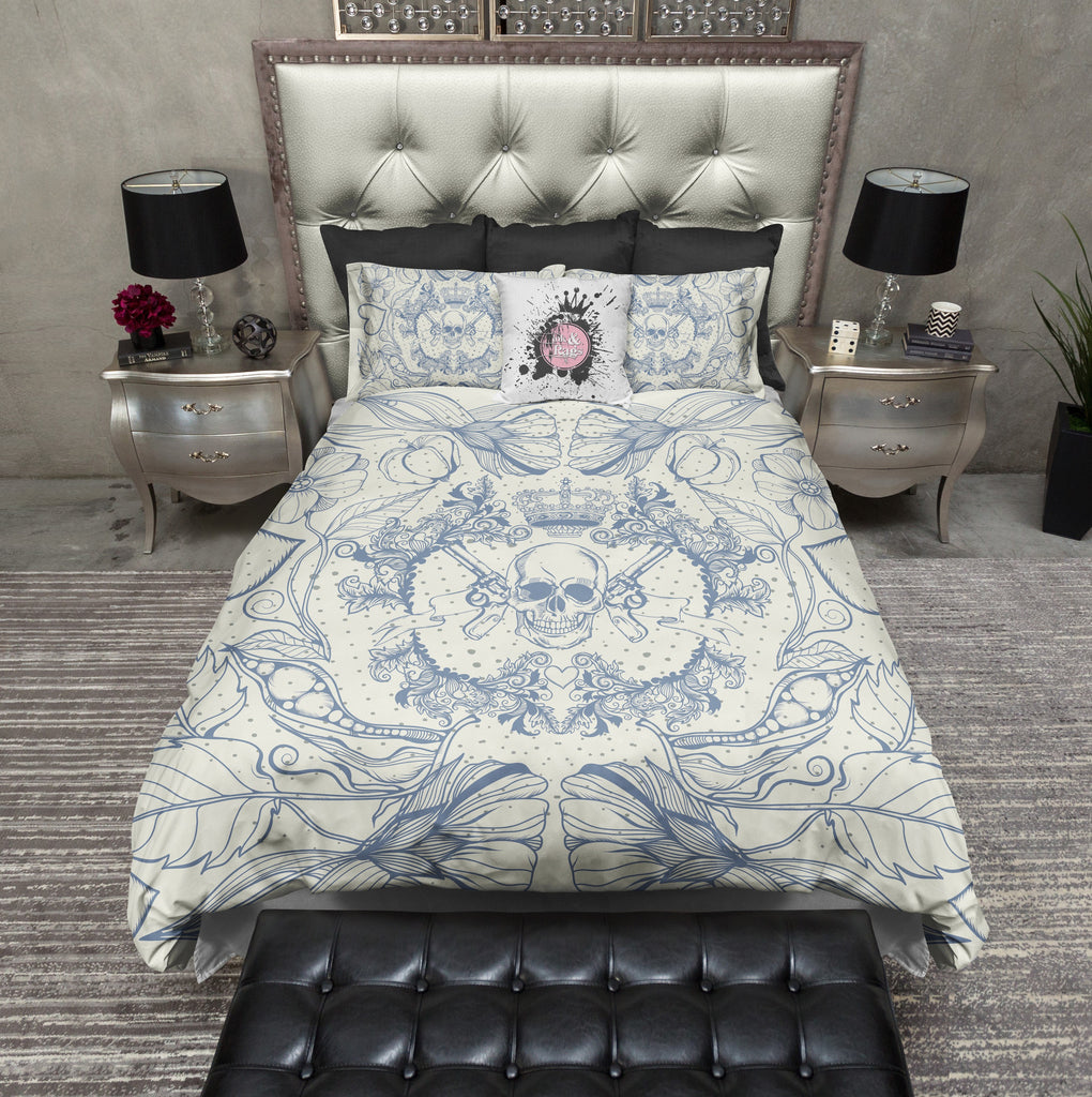 Detailed Blue and Cream Skull Gun and Crown CREAM Bedding Collection