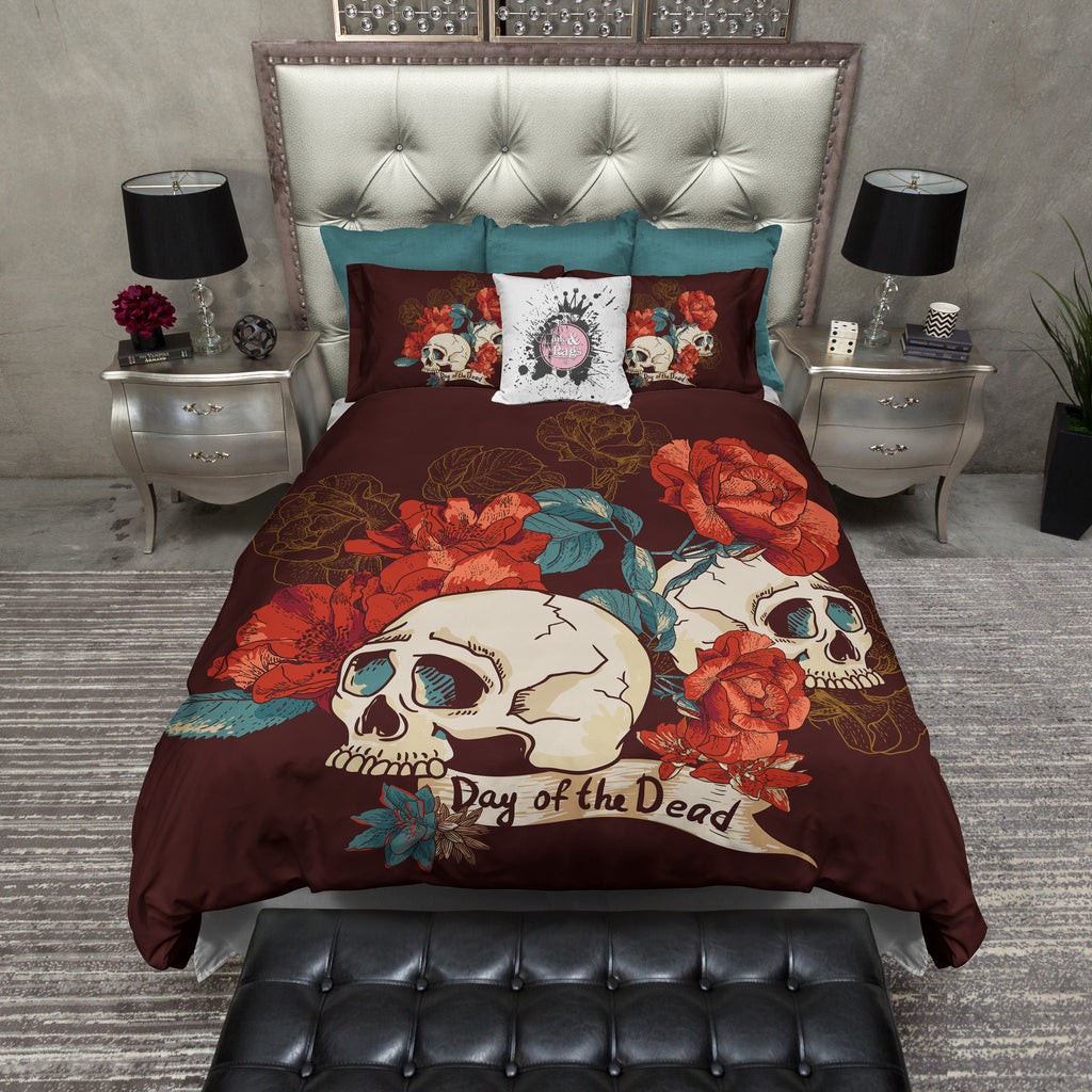 Bright Red Flower and Day of the Dead Skull CREAM Bedding Collection