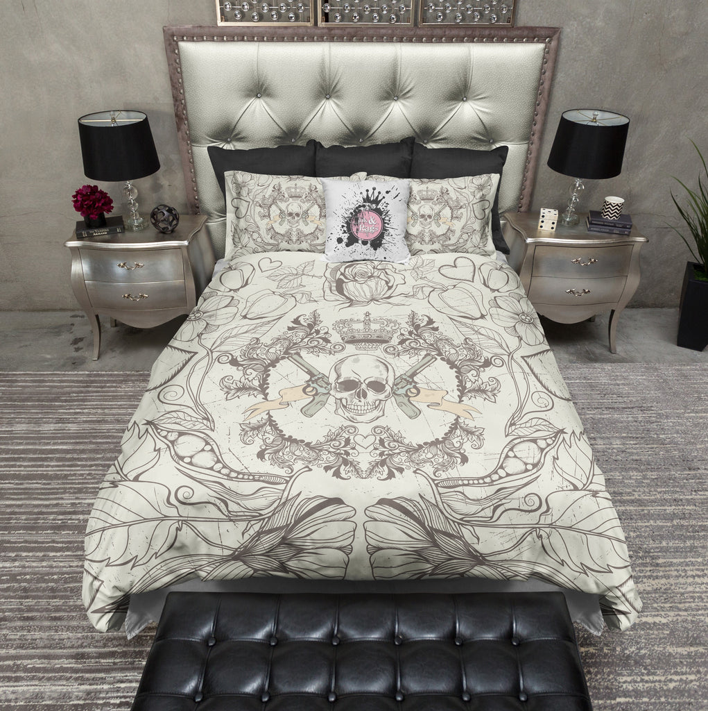 Detailed Skull Guns and Crown CREAM Bedding Collection