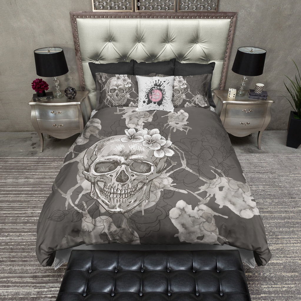 Taupe Grey Watercolor Skull Bedding Collection