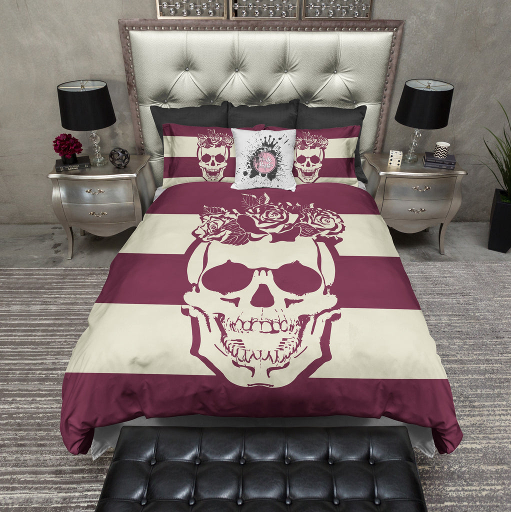 Burgundy and Cream Stripe Skull CREAM Bedding Collection