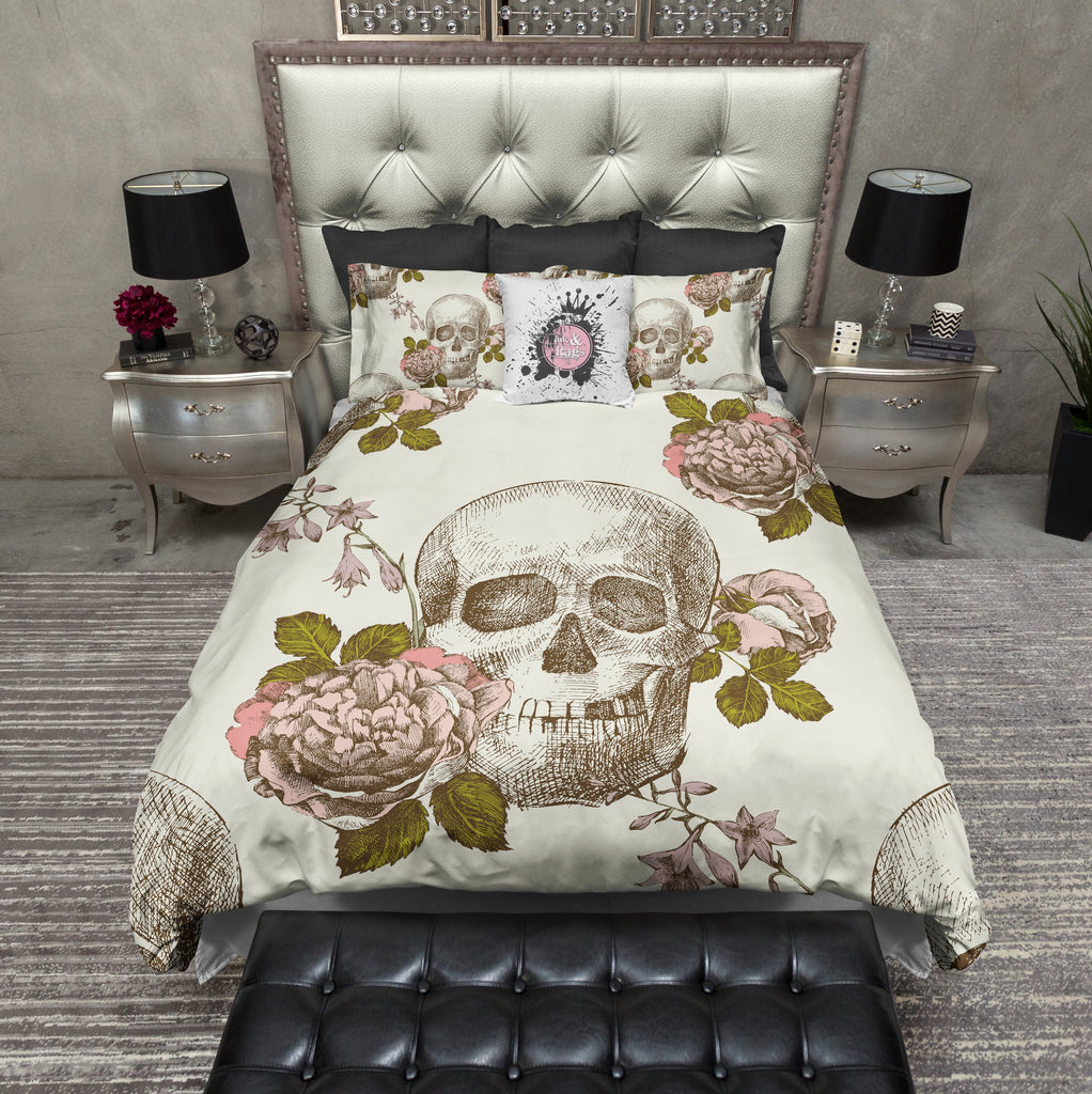 Vintage Style Skull & Rose CREAM Bedding Collection