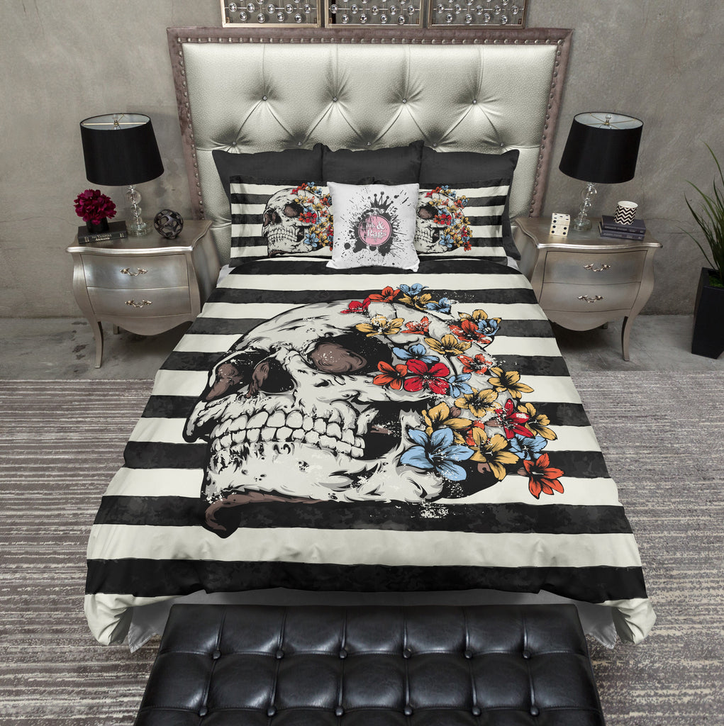 Skull with Bright Flowers and Stripes CREAM Bedding Collection