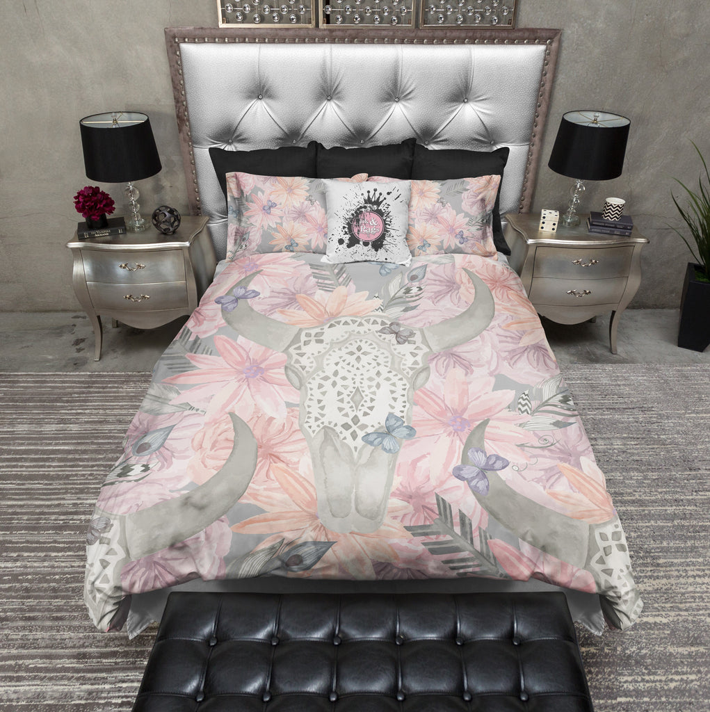 Texas Longhorn Lace and Pink Flower Skull Bedding Collection