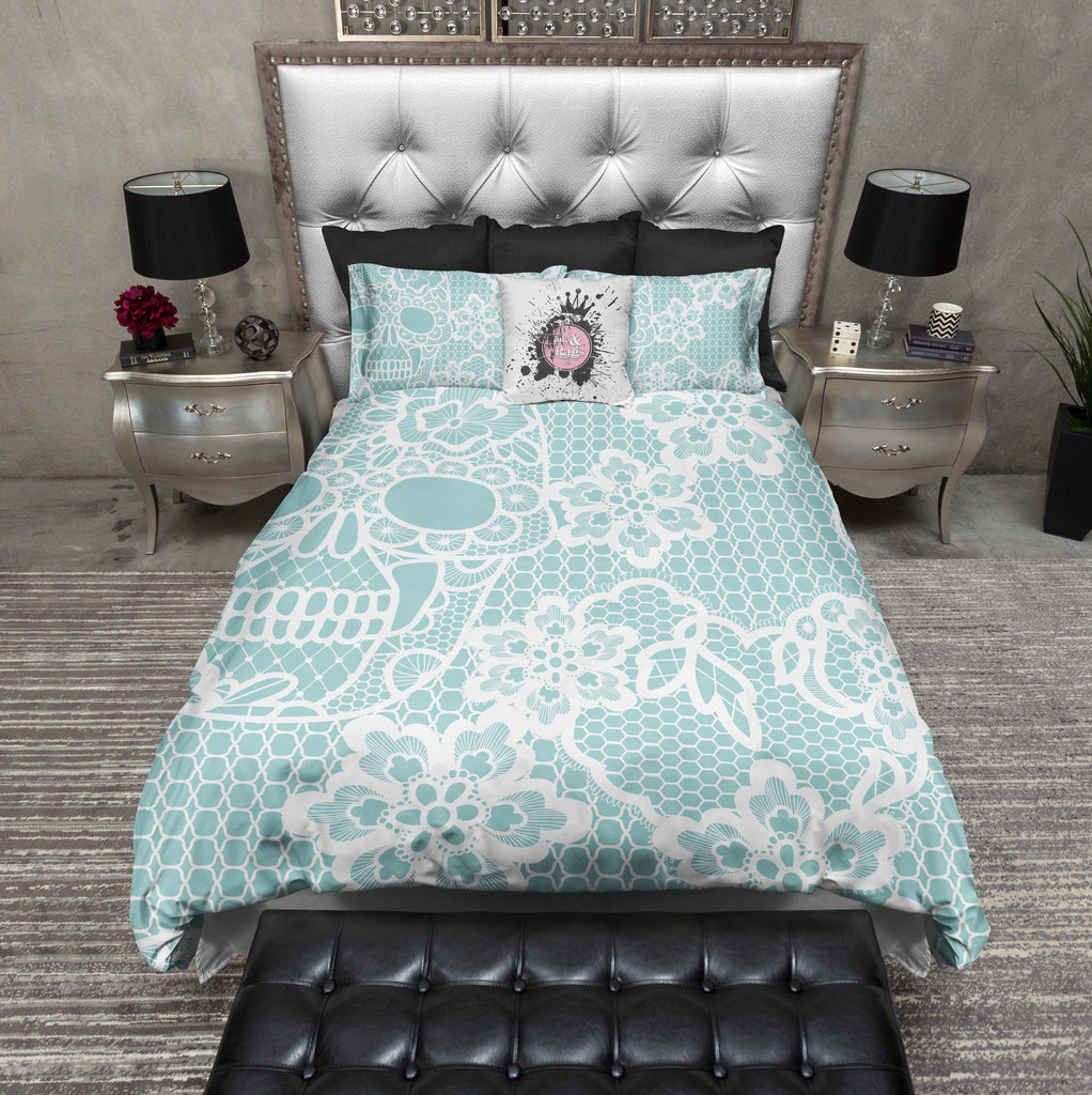 Ice Blue and Lace Print Skull Bedding Collection
