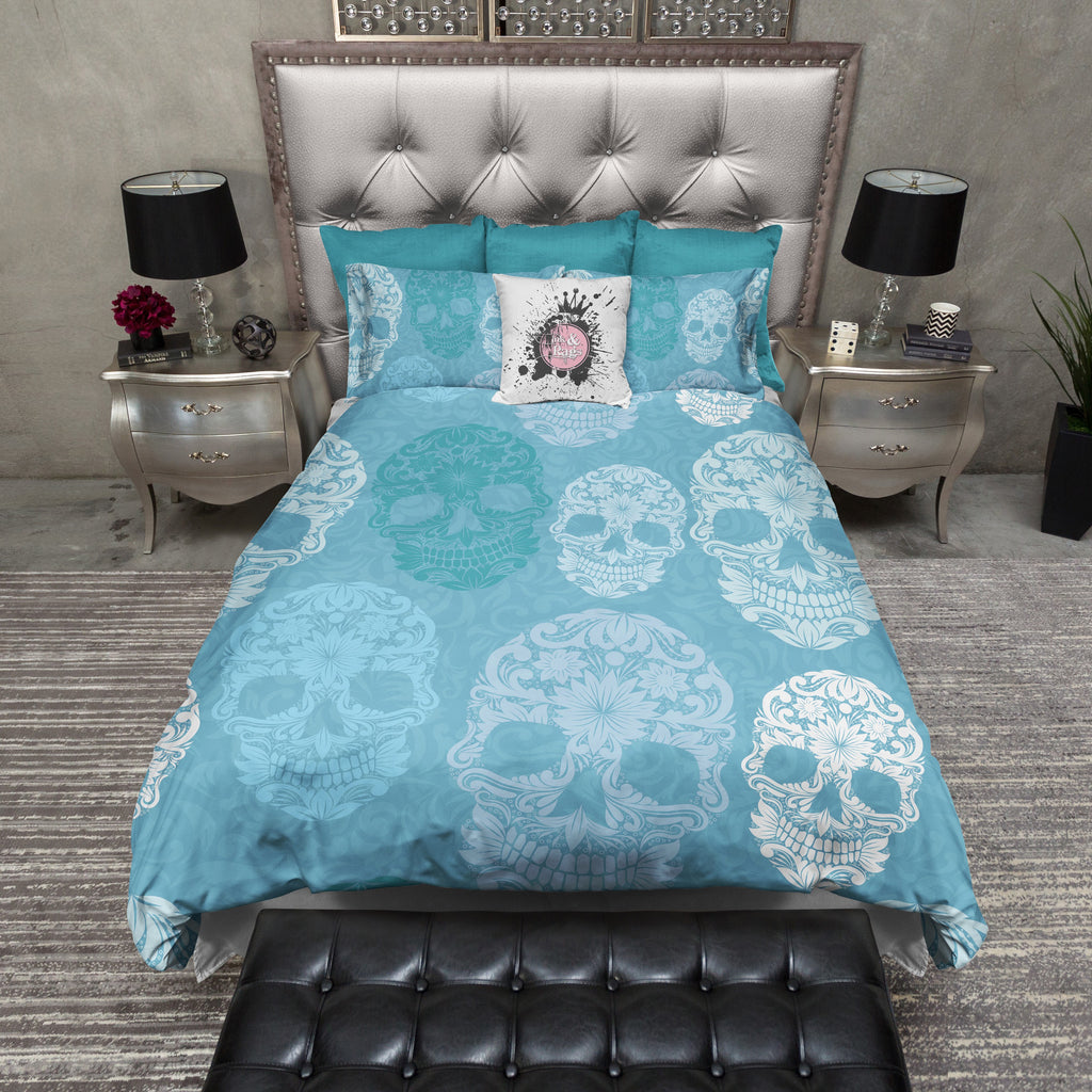 Blue Sugar Skull on Scroll Bedding Collection