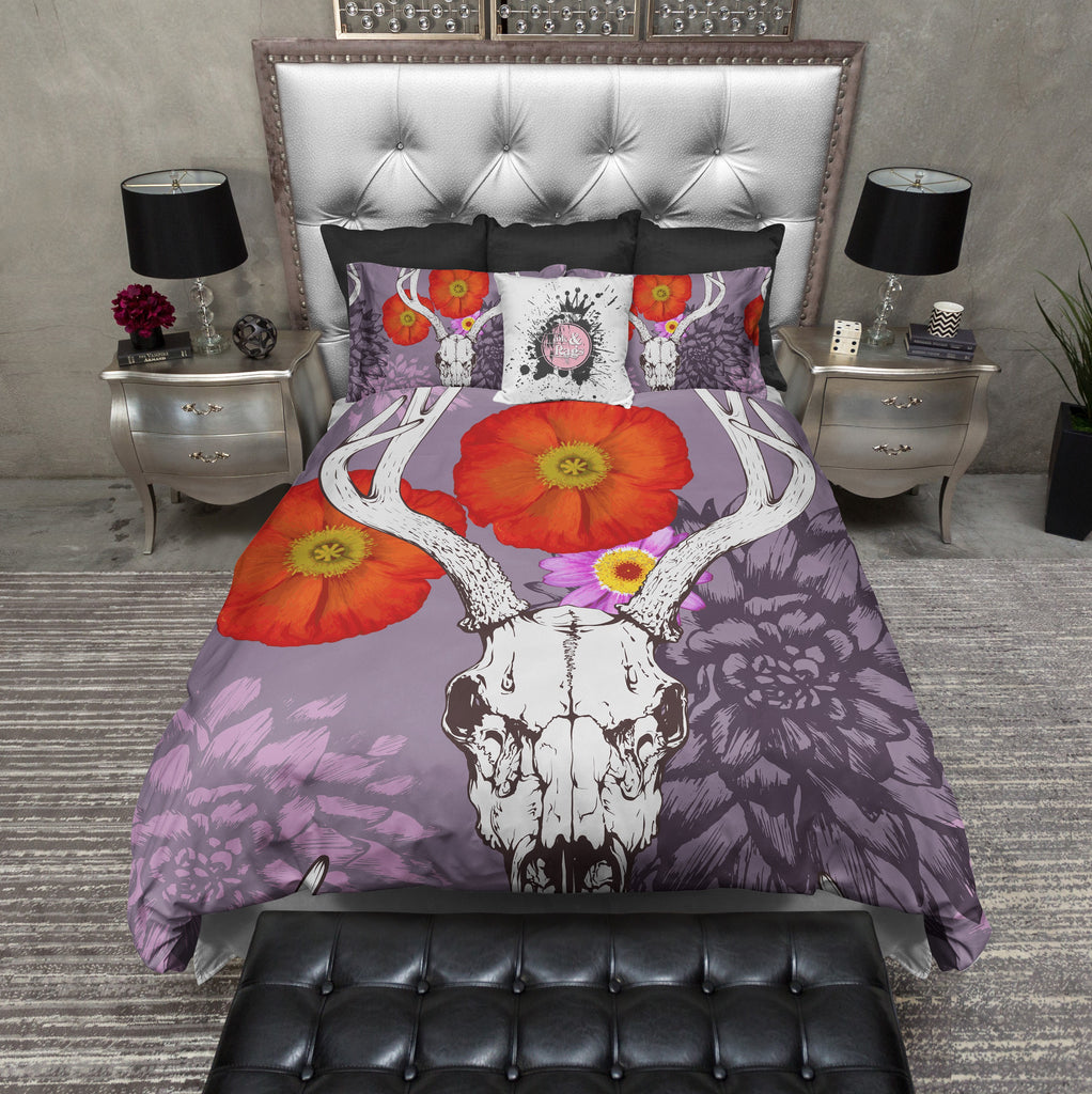 Purple Deer Skull with Red Poppies Bedding Collection