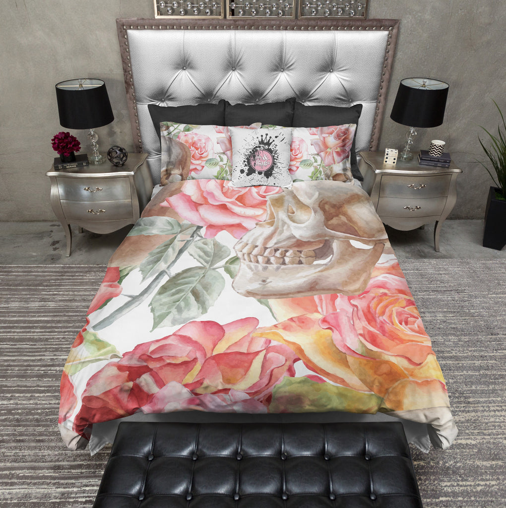 Peach Watercolor Rose and Skull Bedding Collection