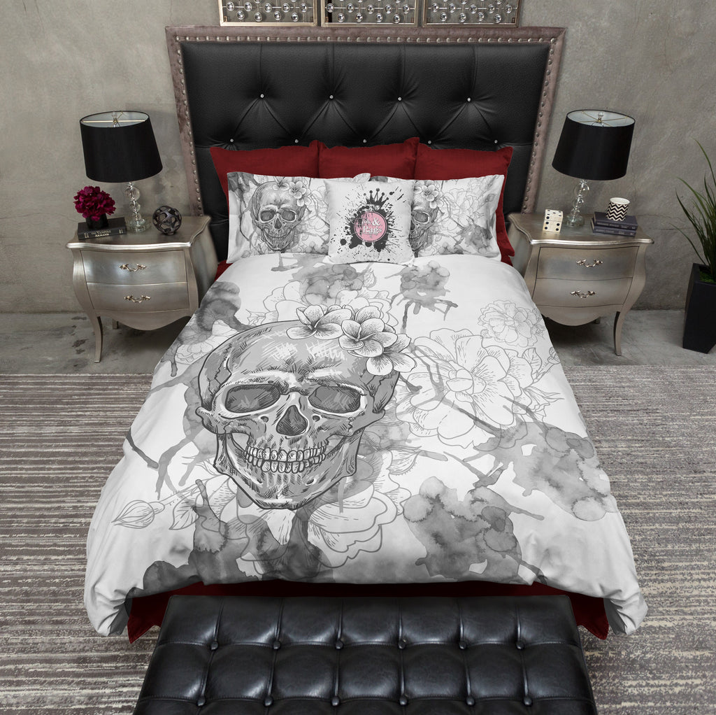 Silver Watercolor Design Skull Bedding Collection