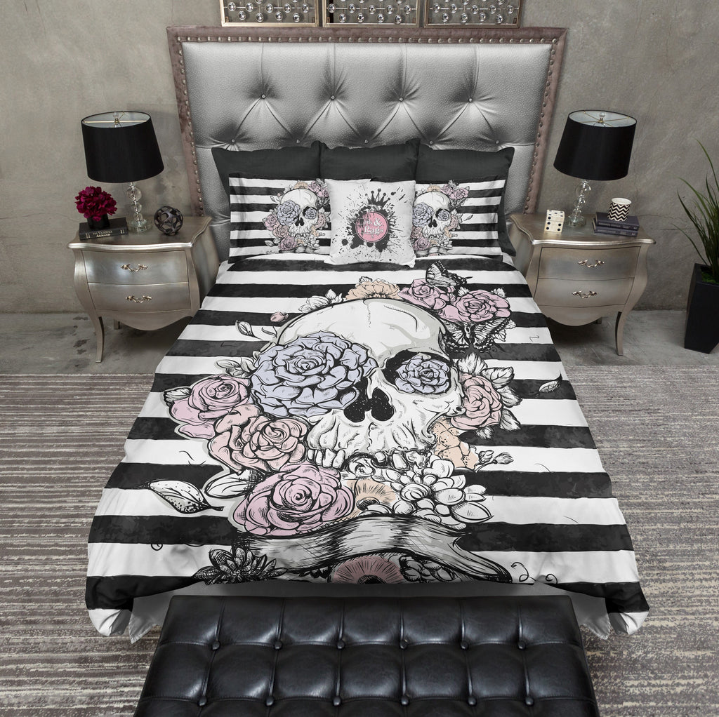 Pastel Flower and Skull Striped Bedding Collection