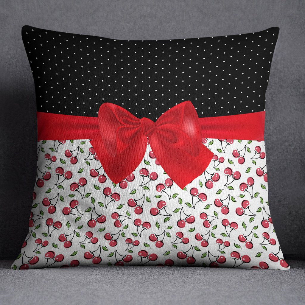 Rockabilly Polka Dot Cherries and Bow Throw Pillow