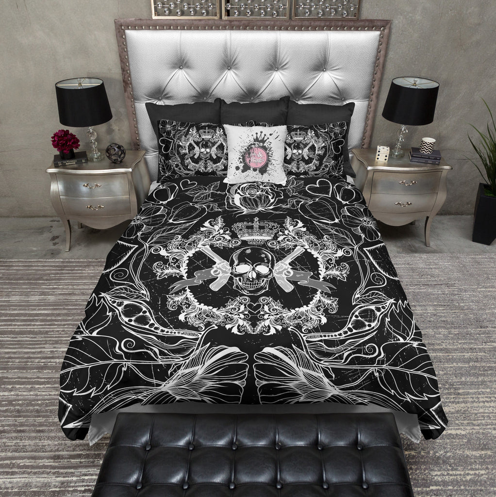 Black and White Guns Flowers and Skull Bedding Collection