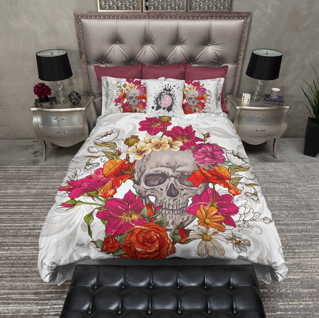 Red Orange and Fuchsia Floral Skull Bedding Collection
