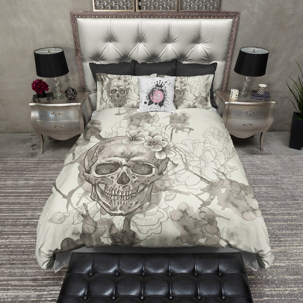 Beige on Cream Watercolor Skull CREAM Bedding Collection