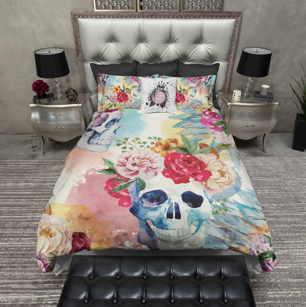 Bright Watercolor Skull and Flower Native American Indian Headdress CREAM Bedding Collection