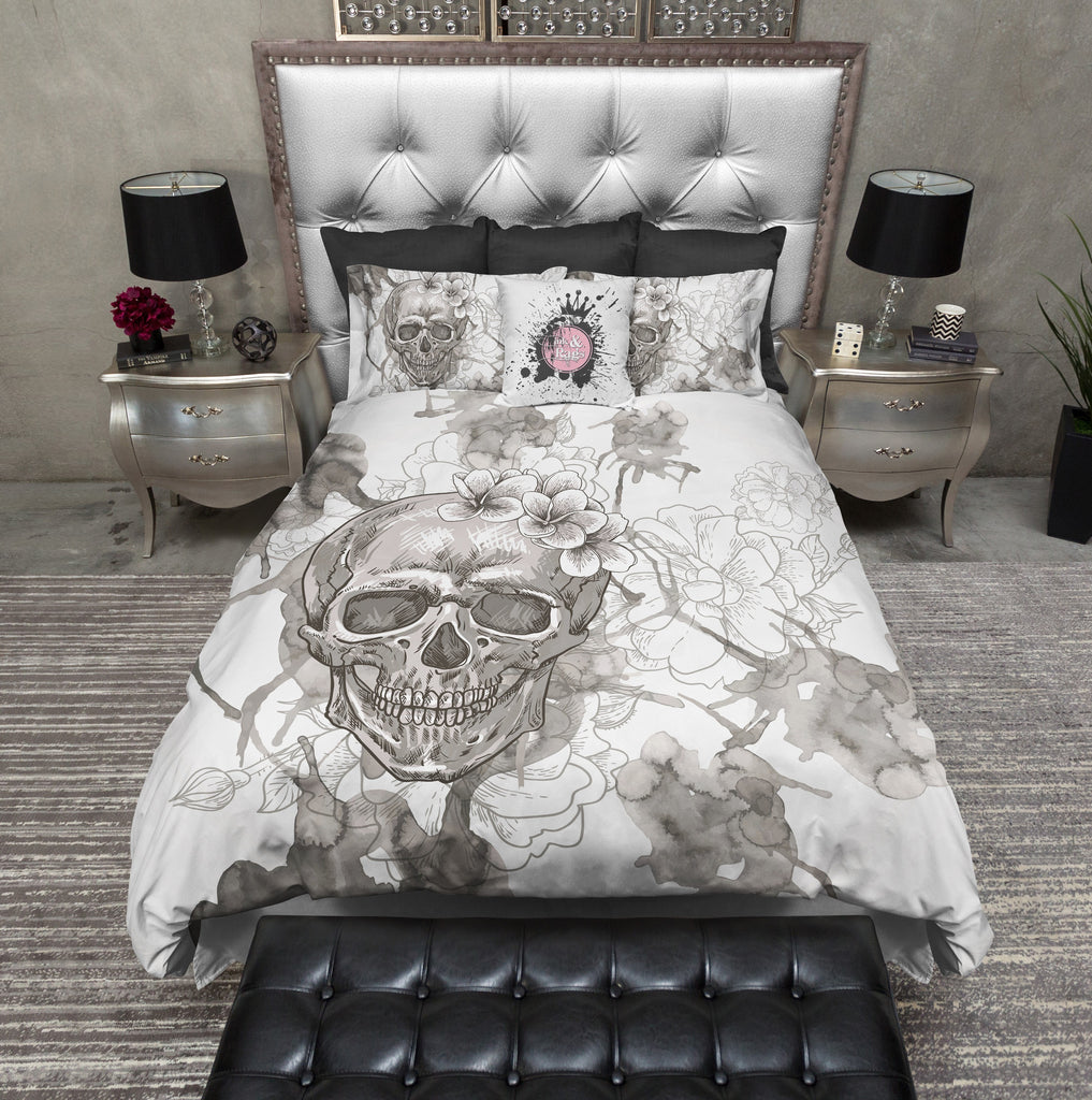 Beige on White Watercolor Skull Bedding Collection