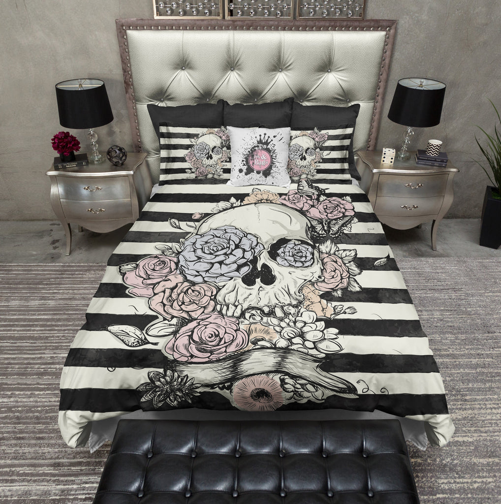 Pastel Flower and Skull Striped CREAM Bedding Collection