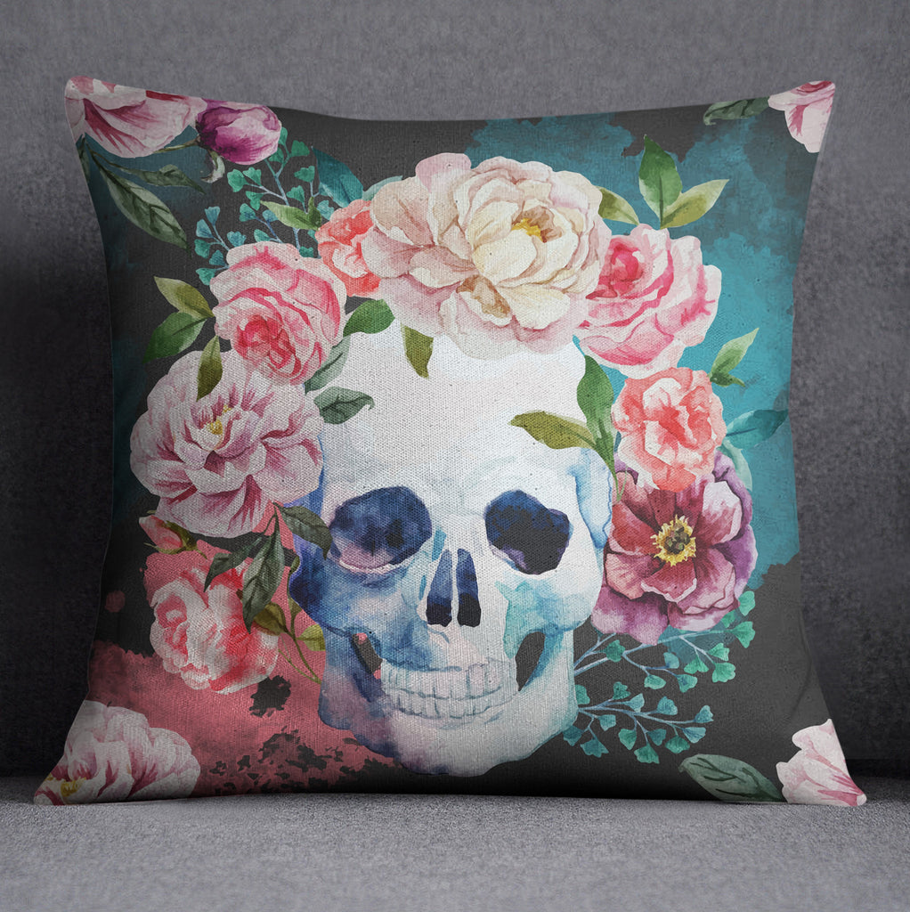 Green and Grey Watercolor Skull Throw Pillow