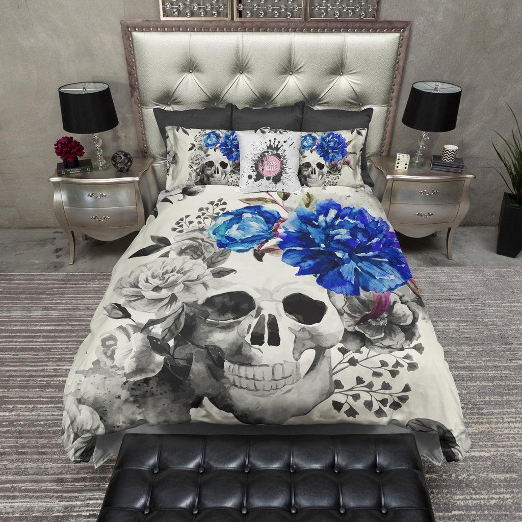 Royal Blue Flower Watercolor Skull CREAM Bedding Collection