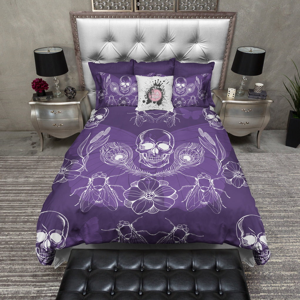 Purple Peacock Feather Skull Bedding Collection