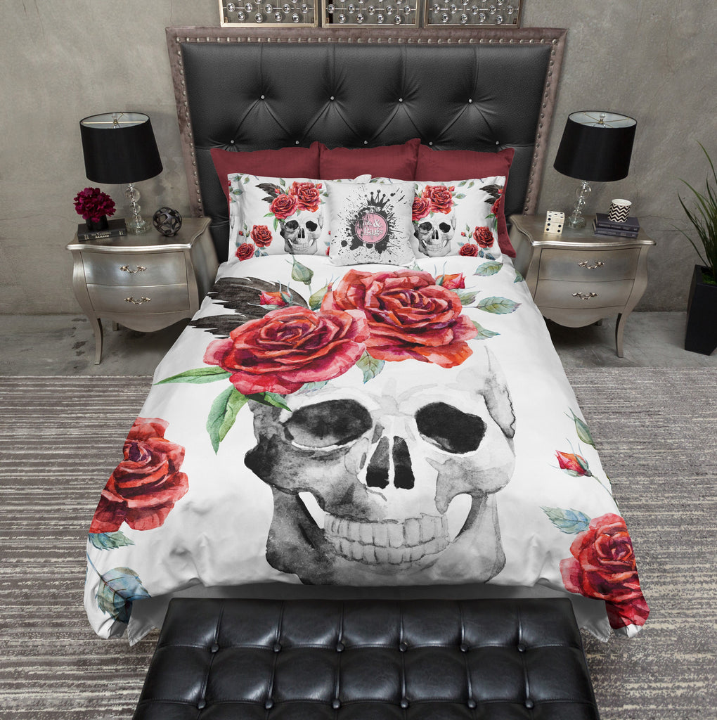 Red Rose on White Skull Bedding Collection