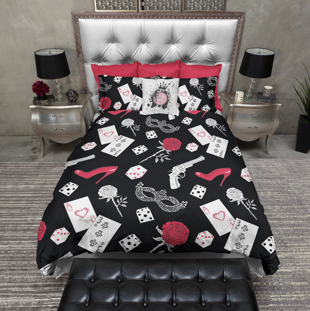 Mafia Style Bedding with Gambling, Gun & Rose Motif Bedding Collection