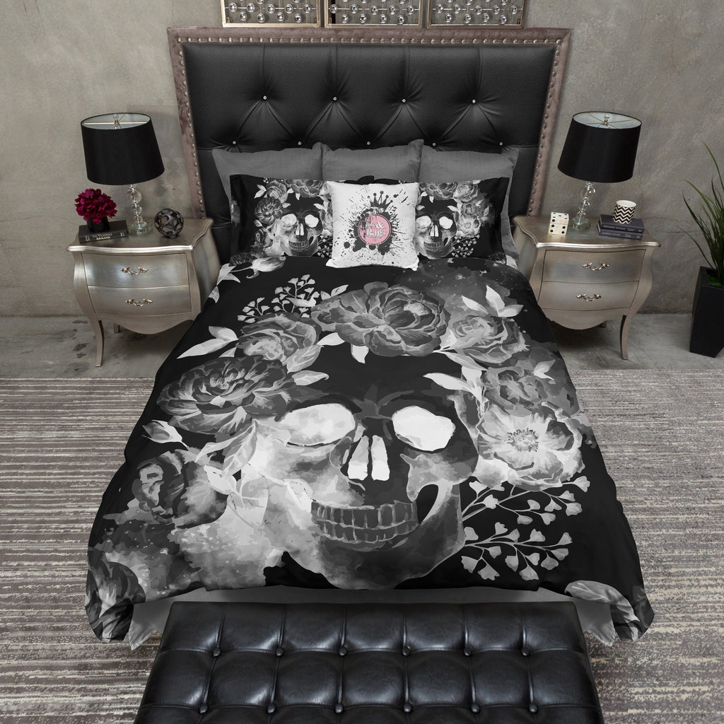 Black Night Watercolor Skull Bedding Collection
