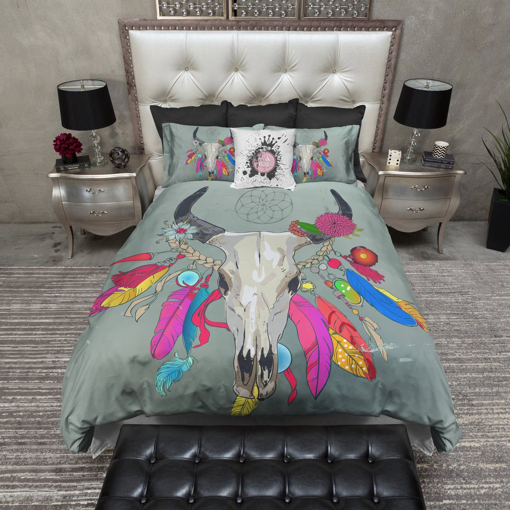 Boho Bright Color Bull Cow Skull Bedding Collection