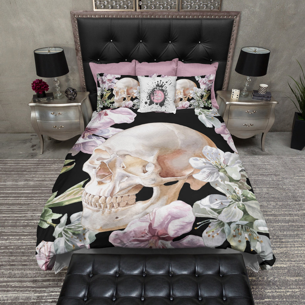 Black Floral Rose and Skull Bedding Collection