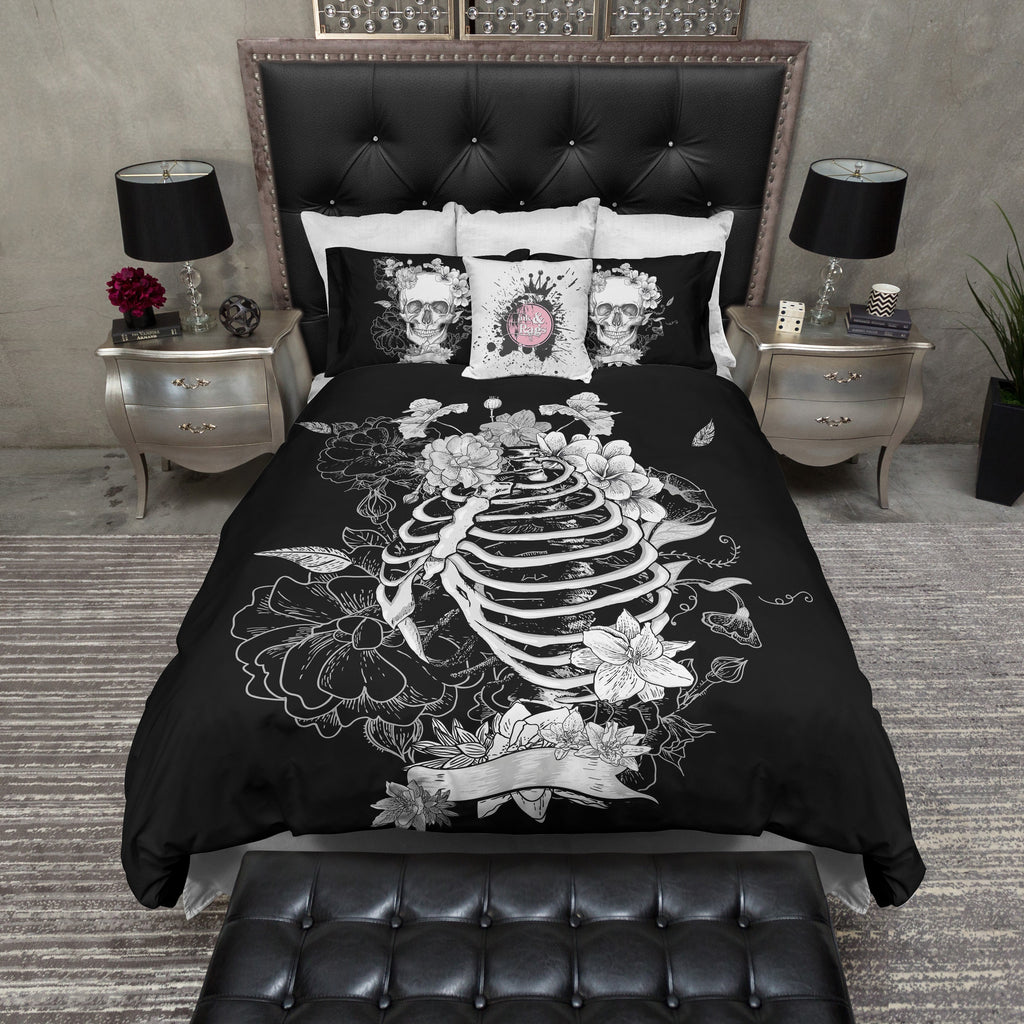 Black Flower Torso Skeleton Skull Bedding Collection