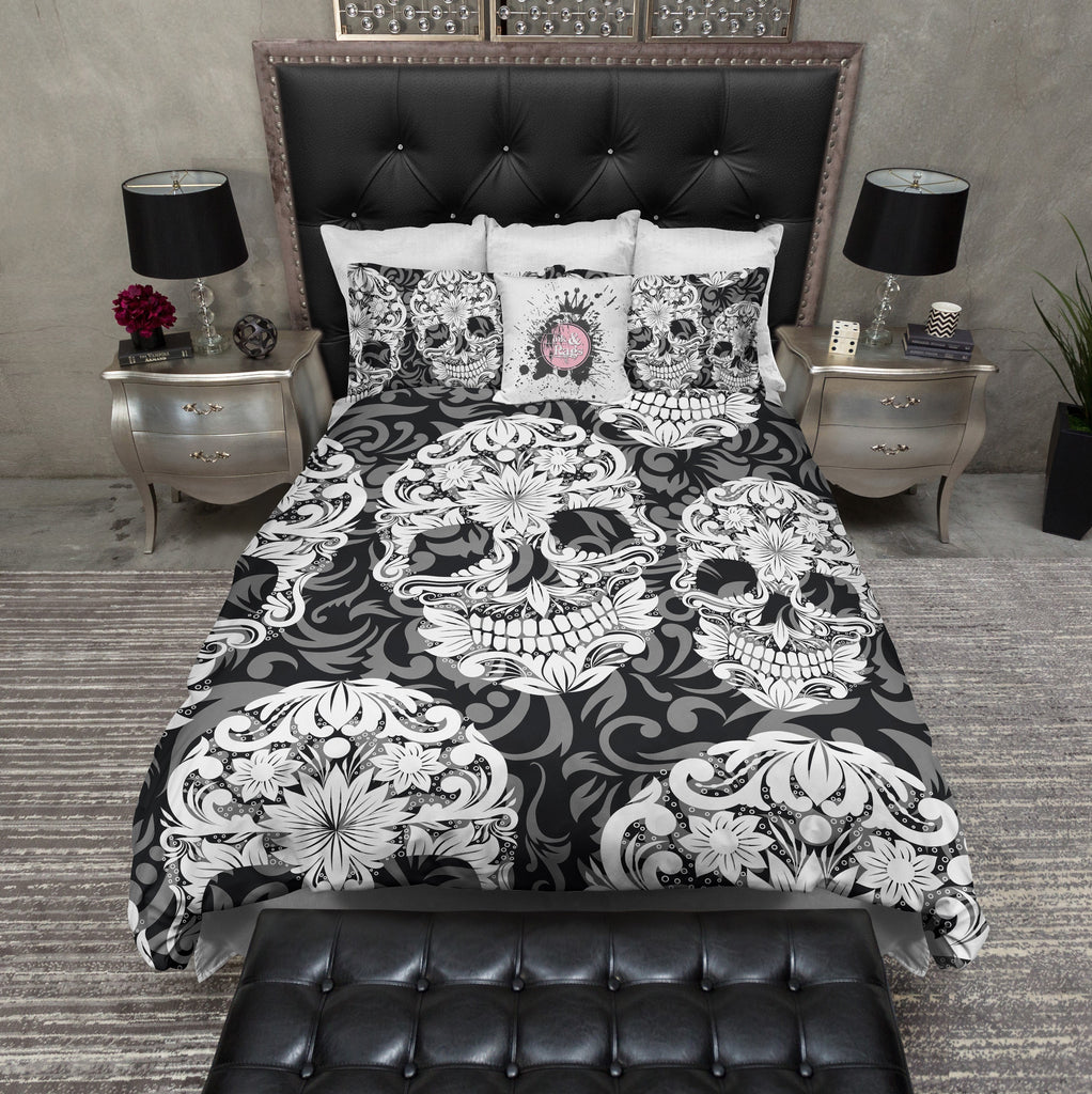 Black White and Grey Sugar Skull and Scroll Bedding Collection