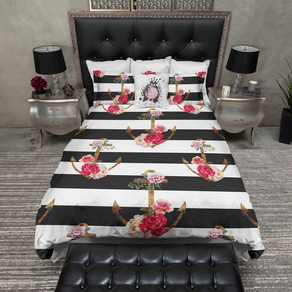 Black Stripe Watercolor Flower Anchor Bedding Collection